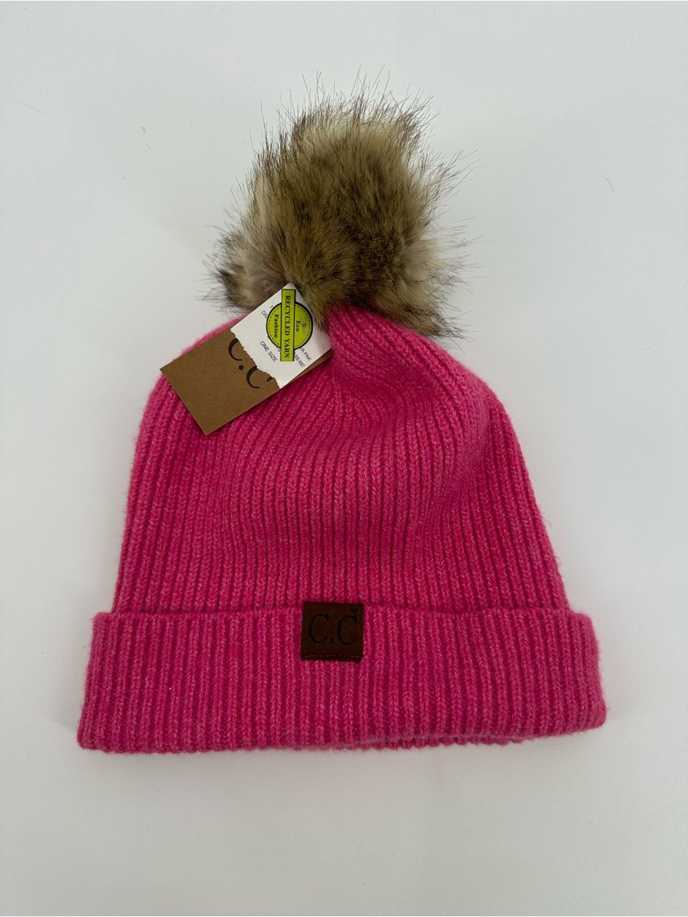 NWT C.C Diva Pink Solid Rib Knit Beanie with Faux Fur Pom